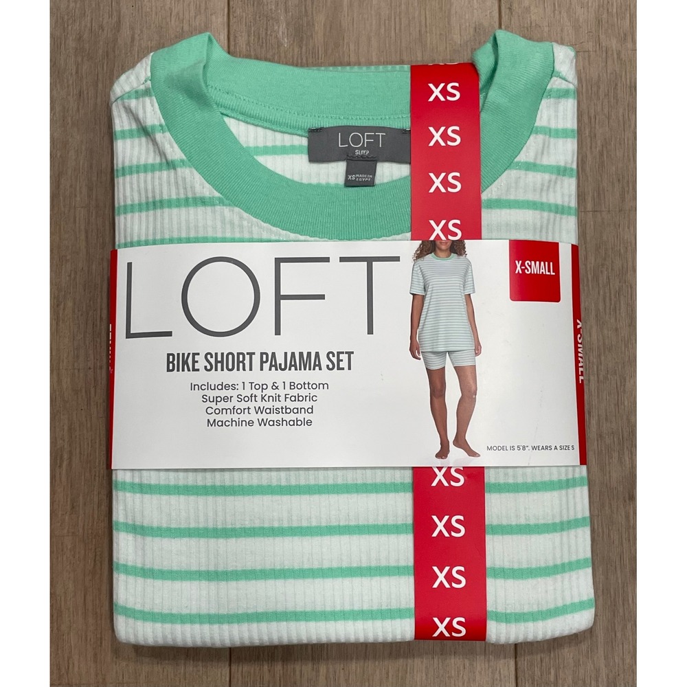 NWT Loft Bike Short Pajama Set Womens XS Green White Striped Ribbed Knit 2pc